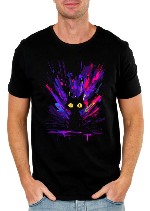Abstract Black Cat T-Shirt – Neon Paint Splash Graphic Tee