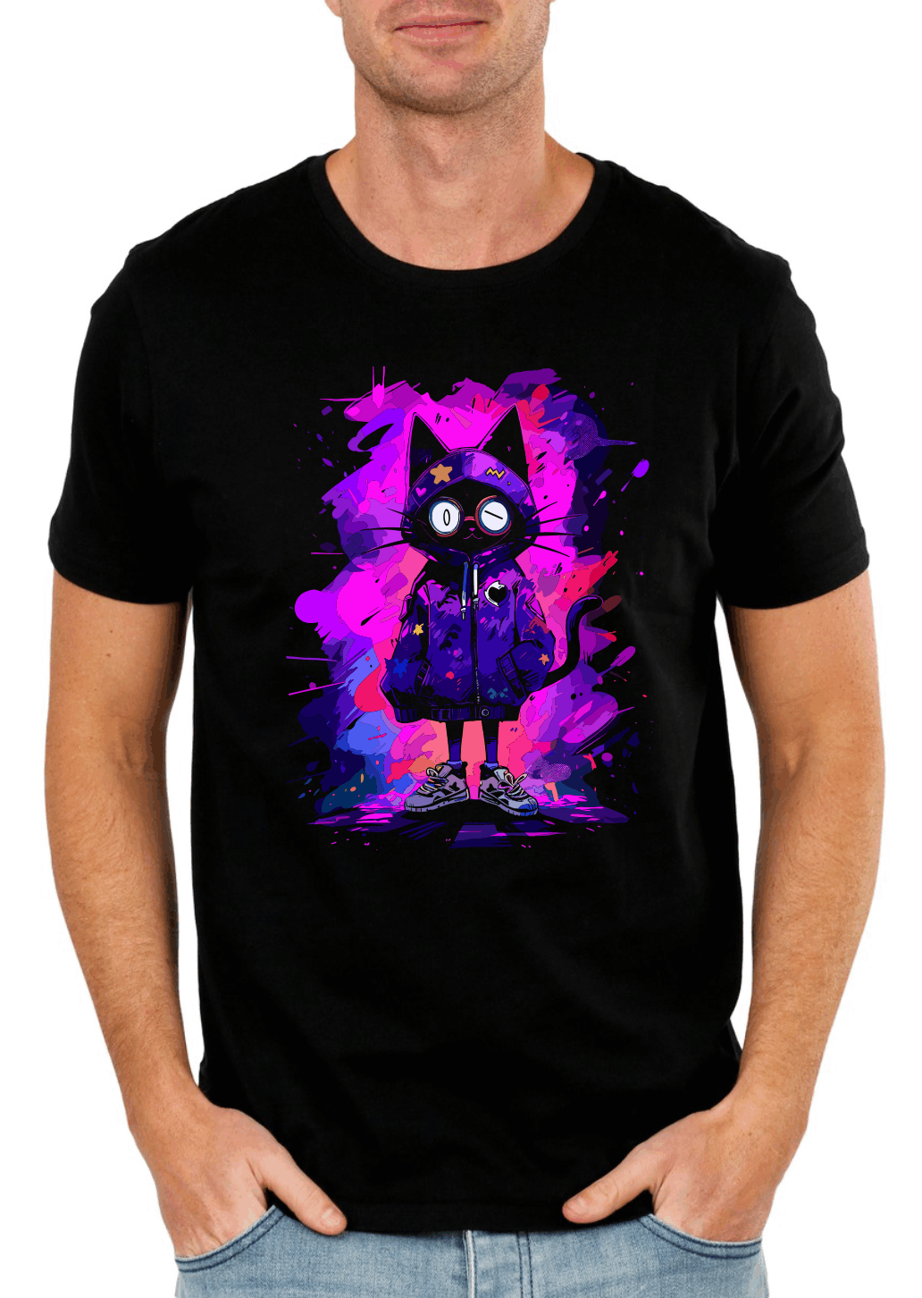 Cool Cat Hoodie Graphic T-Shirt – Funky Feline Art Tee