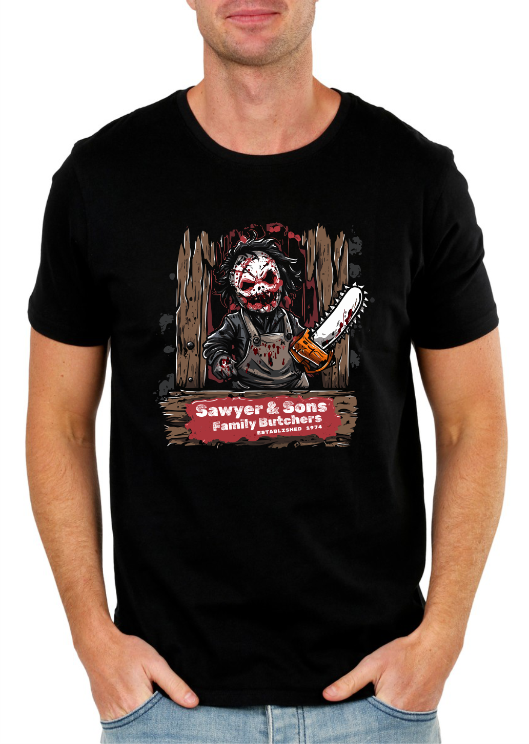 Dark Humour Parody Tee – Chainsaw Wielding Character