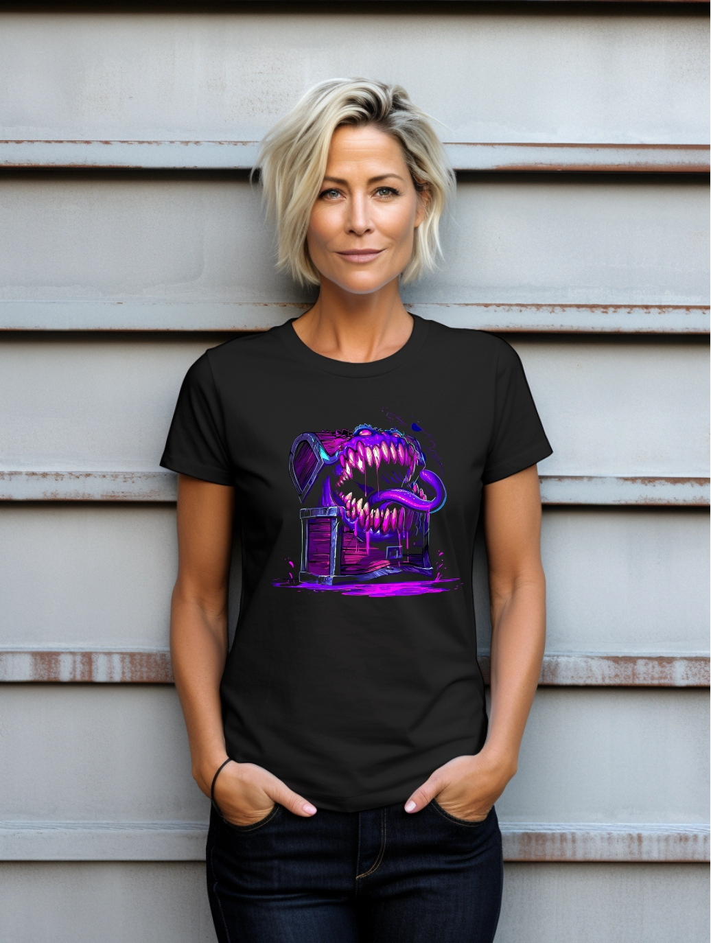 Mimic Chest Horror – Neon Fantasy Graphic Tee