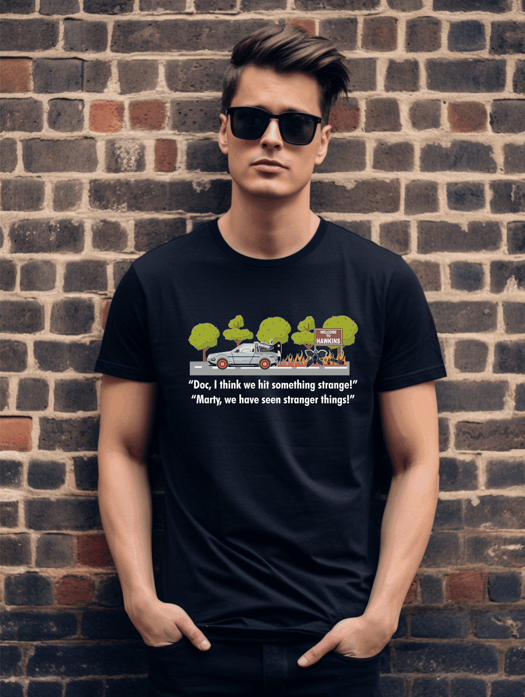 Time Travel Meets Hawkins Funny T-Shirt – Retro Sci-Fi Horror Mashup Tee | Unisex Gildan Softstyle UK