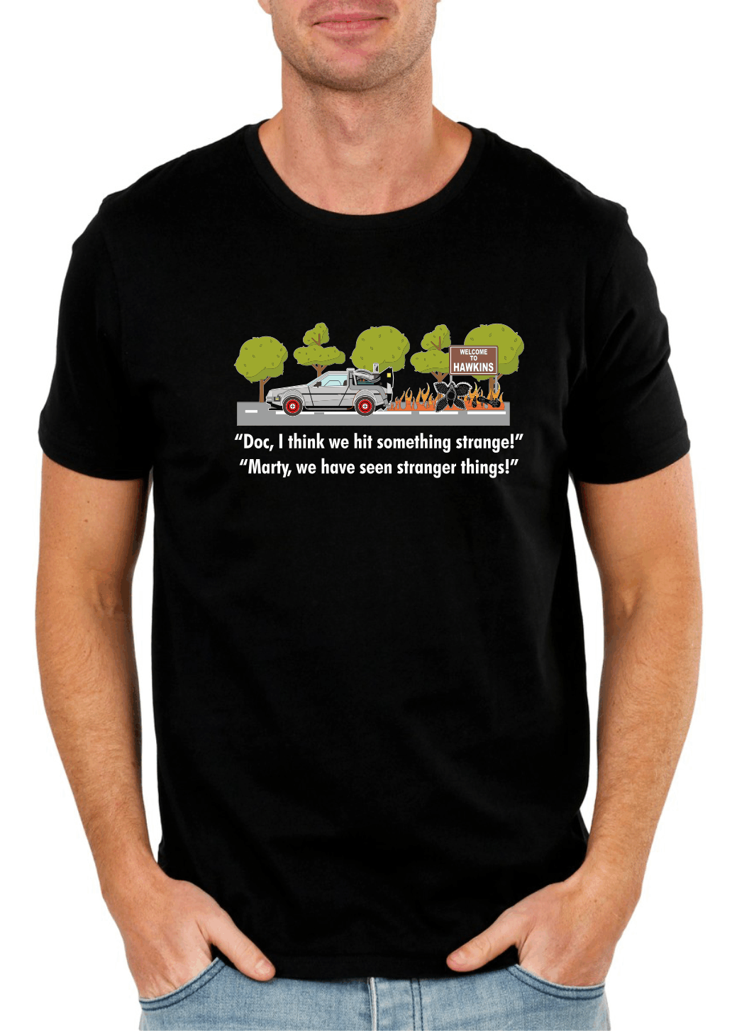 Time Travel Meets Hawkins Funny T-Shirt – Retro Sci-Fi Horror Mashup Tee | Unisex Gildan Softstyle UK