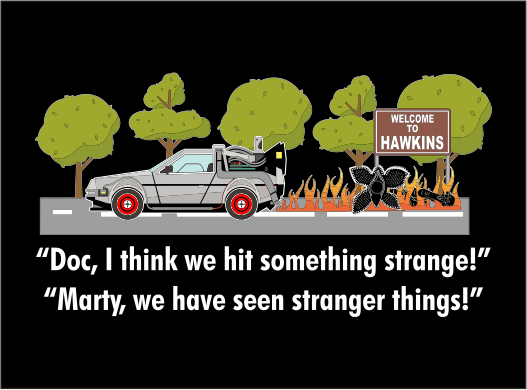 Time Travel Meets Hawkins Funny T-Shirt – Retro Sci-Fi Horror Mashup Tee | Unisex Gildan Softstyle UK