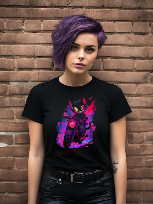 Rebel Cat Rider T-Shirt – Neon Biker Cat Graphic Tee
