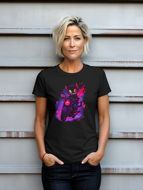 Rebel Cat Rider T-Shirt – Neon Biker Cat Graphic Tee