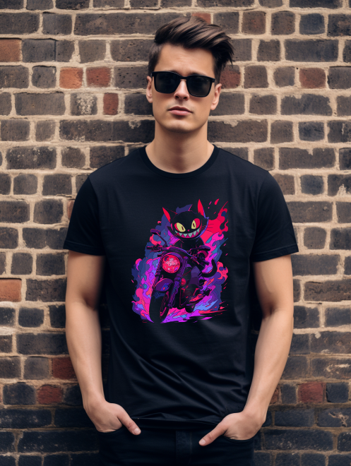 Rebel Cat Rider T-Shirt – Neon Biker Cat Graphic Tee