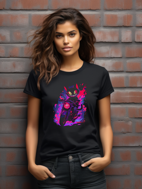 Rebel Cat Rider T-Shirt – Neon Biker Cat Graphic Tee