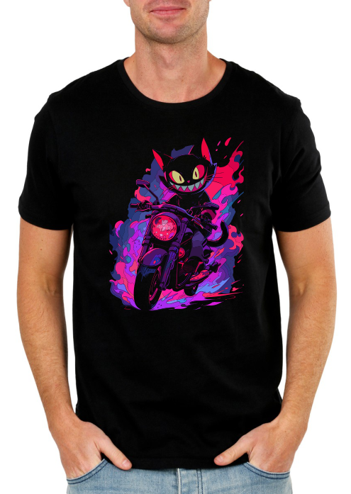 Rebel Cat Rider T-Shirt – Neon Biker Cat Graphic Tee