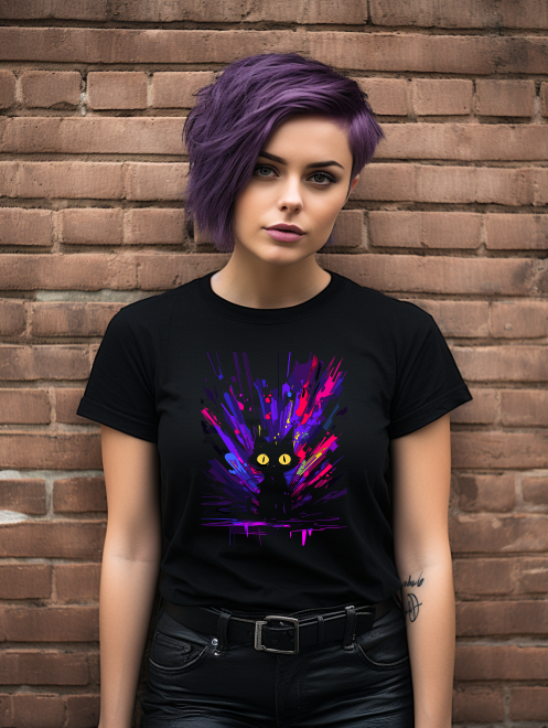 Abstract Black Cat T-Shirt – Neon Paint Splash Graphic Tee