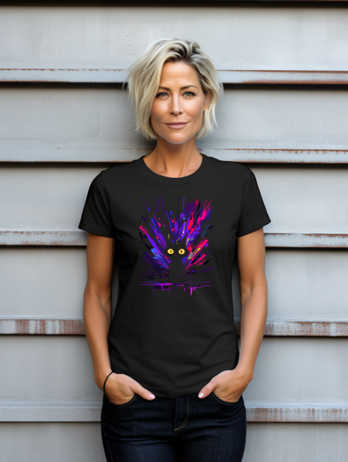 Abstract Black Cat T-Shirt – Neon Paint Splash Graphic Tee