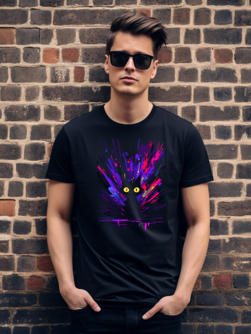 Abstract Black Cat T-Shirt – Neon Paint Splash Graphic Tee