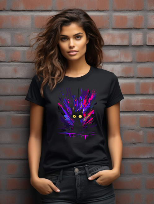Abstract Black Cat T-Shirt – Neon Paint Splash Graphic Tee