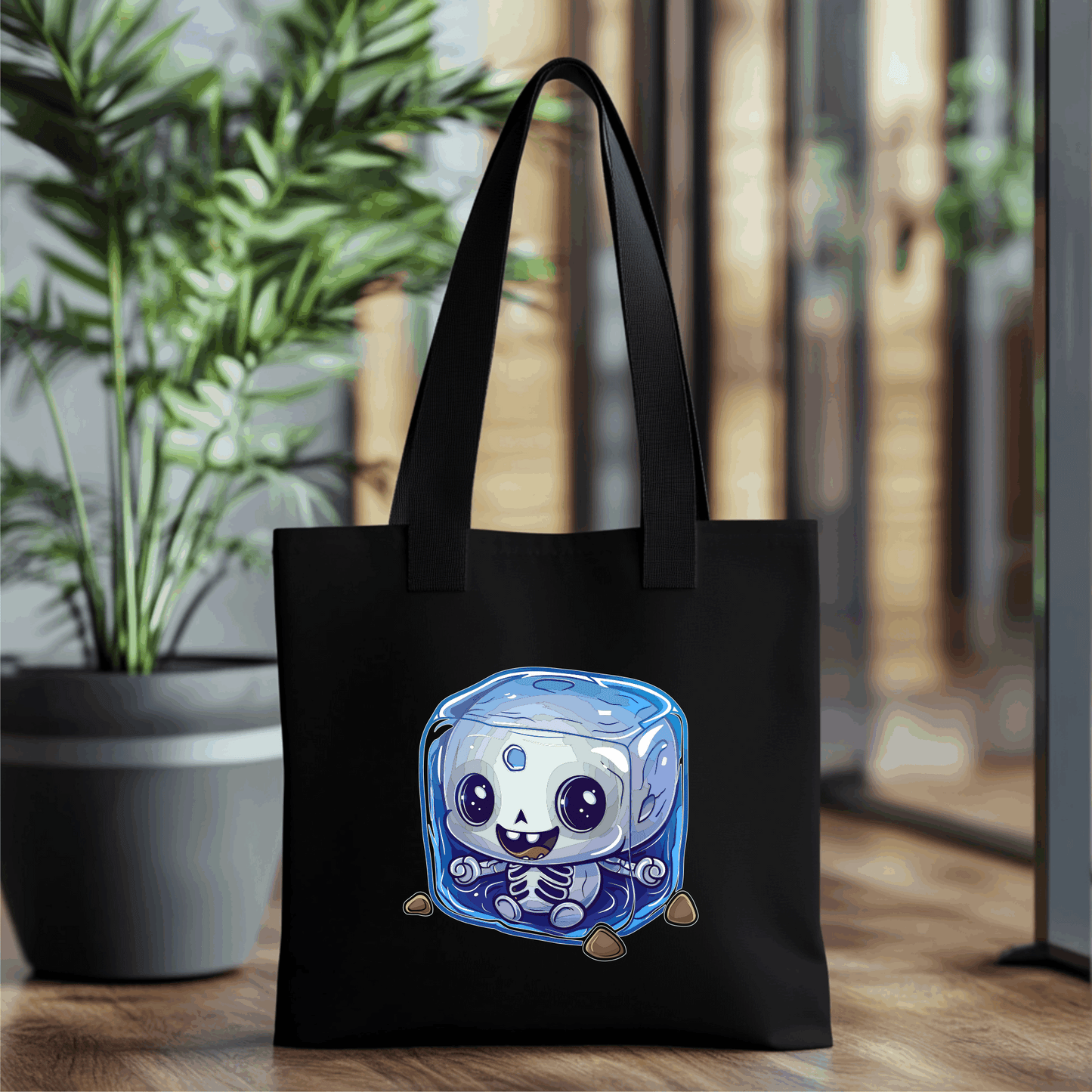 Black tote bag with a cartoon character design on a wooden surface with plants in the background