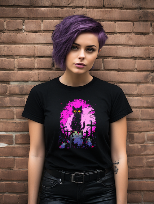 Enigmatic Cat on Gravestone T-Shirt – Eye-Catching Graphic Tee