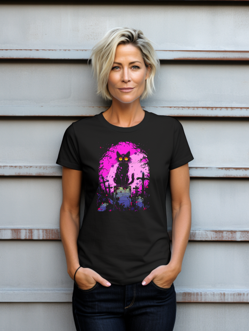 Enigmatic Cat on Gravestone T-Shirt – Eye-Catching Graphic Tee