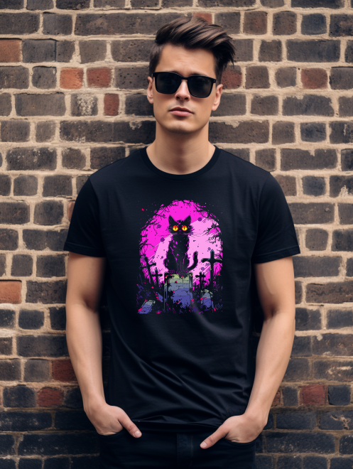 Enigmatic Cat on Gravestone T-Shirt – Eye-Catching Graphic Tee