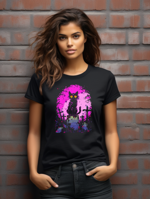 Enigmatic Cat on Gravestone T-Shirt – Eye-Catching Graphic Tee