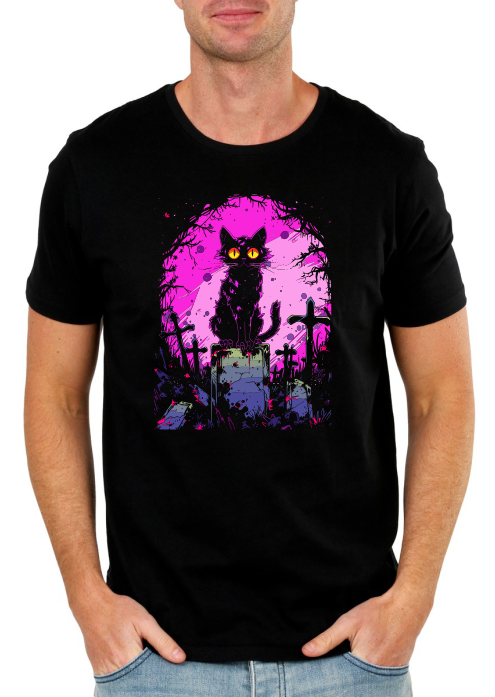Enigmatic Cat on Gravestone T-Shirt – Eye-Catching Graphic Tee