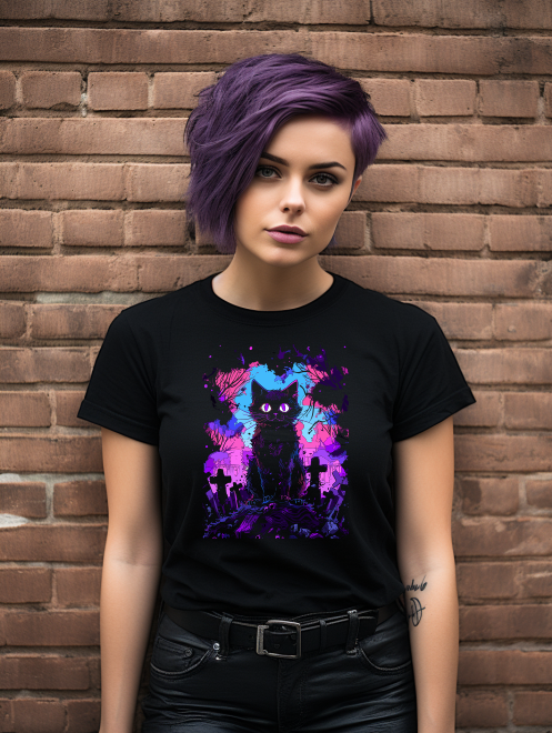 Gothic Cat in Graveyard T-Shirt – Spooky Graphic Tee for Cat Lovers