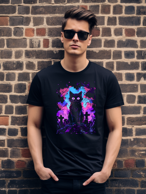 Gothic Cat in Graveyard T-Shirt – Spooky Graphic Tee for Cat Lovers