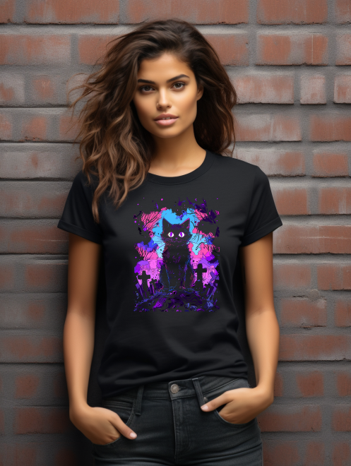 Gothic Cat in Graveyard T-Shirt – Spooky Graphic Tee for Cat Lovers