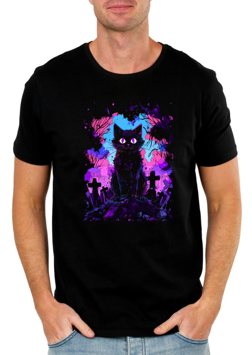 Gothic Cat in Graveyard T-Shirt – Spooky Graphic Tee for Cat Lovers