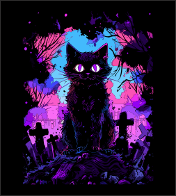 Gothic Cat in Graveyard T-Shirt – Spooky Graphic Tee for Cat Lovers