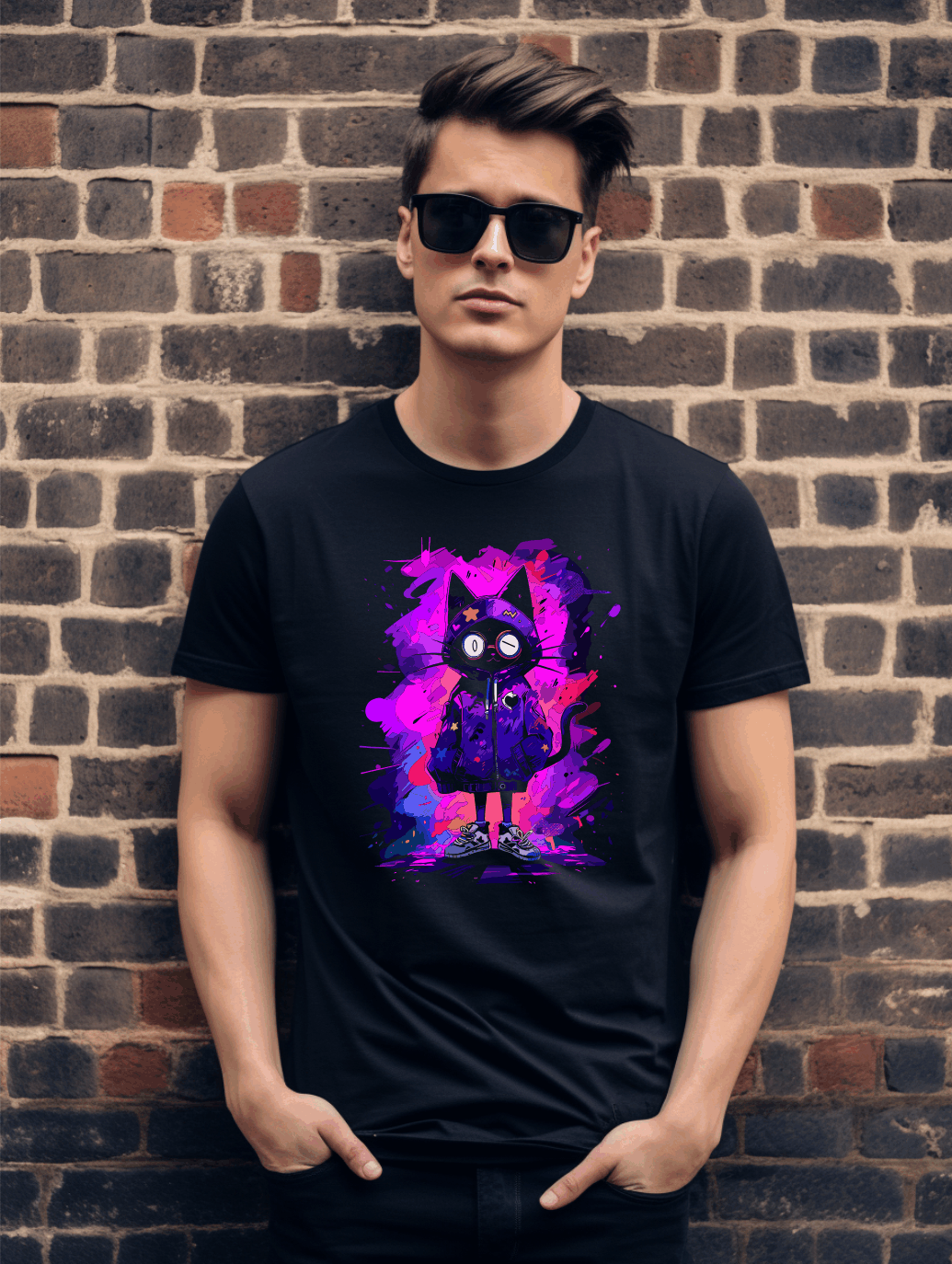 Cool Cat Hoodie Graphic T-Shirt – Funky Feline Art Tee