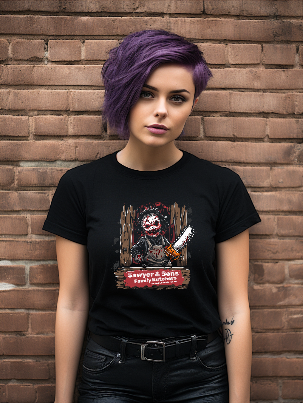 Dark Humour Parody Tee – Chainsaw Wielding Character