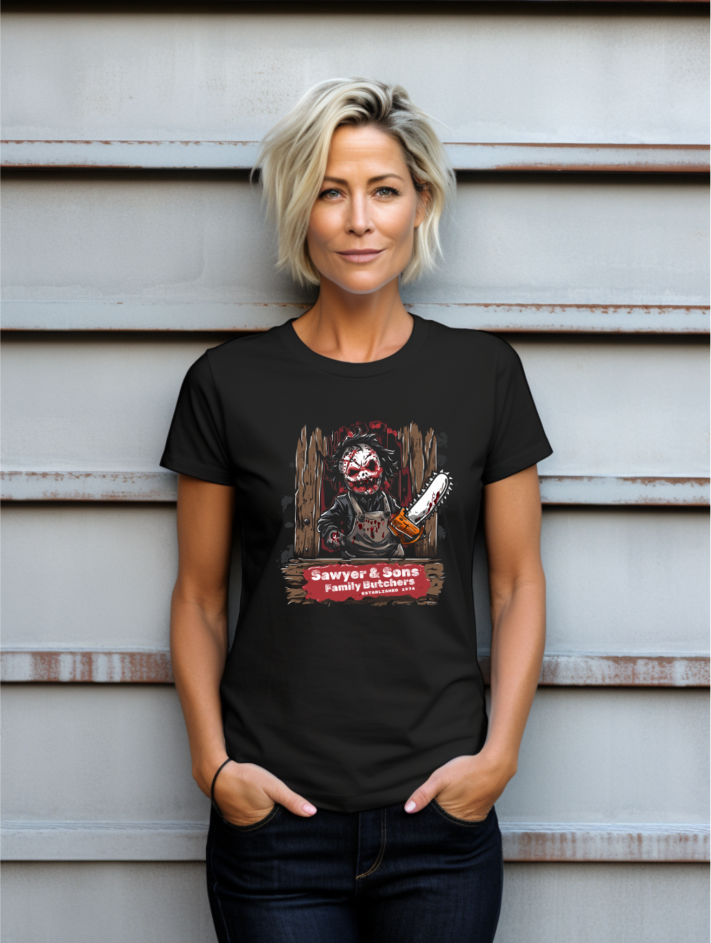 Dark Humour Parody Tee – Chainsaw Wielding Character