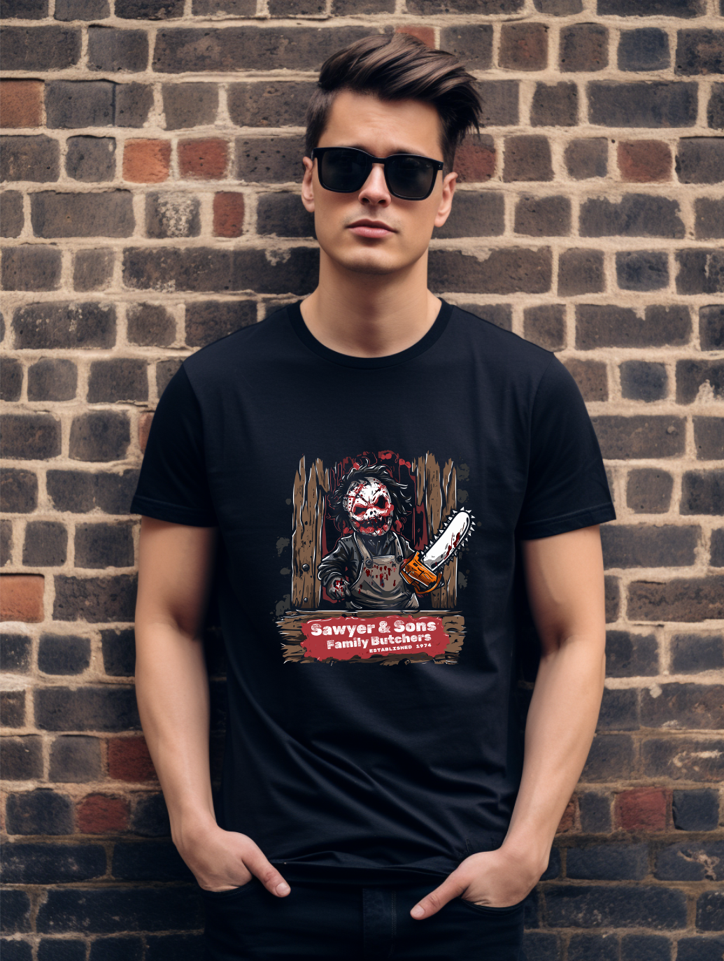 Dark Humour Parody Tee – Chainsaw Wielding Character