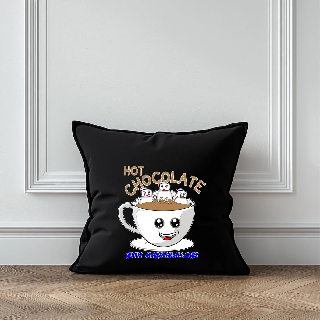 Cute Marshmallow Characters Hot Chocolate Cushion Cover – Fun Retro Décor