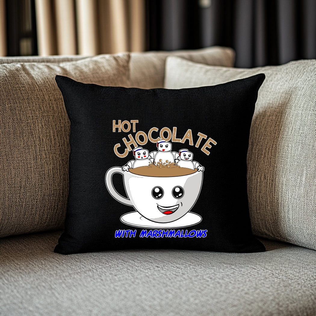 Cute Marshmallow Characters Hot Chocolate Cushion Cover – Fun Retro Décor