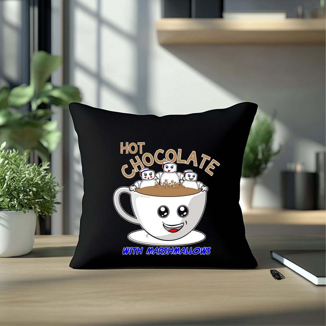 Cute Marshmallow Characters Hot Chocolate Cushion Cover – Fun Retro Décor