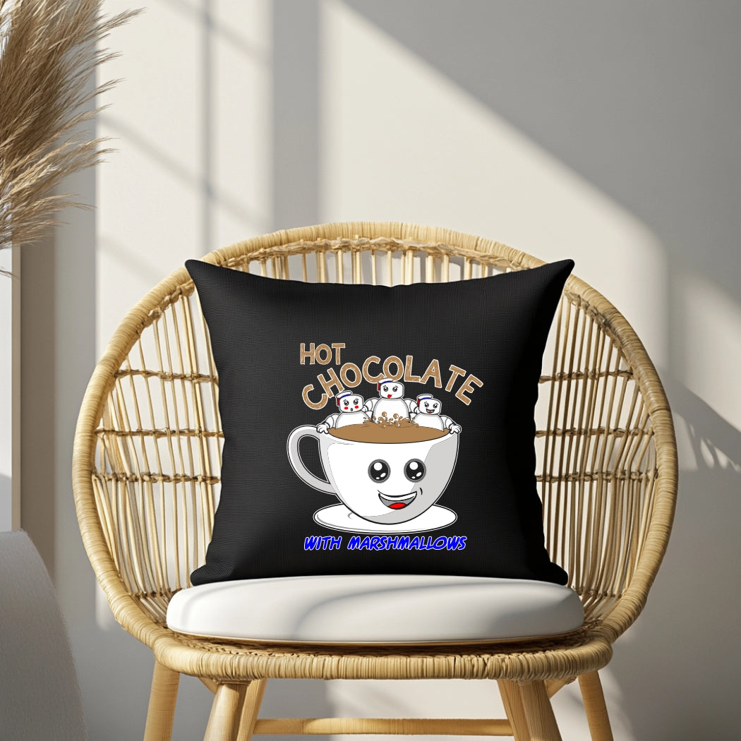 Cute Marshmallow Characters Hot Chocolate Cushion Cover – Fun Retro Décor