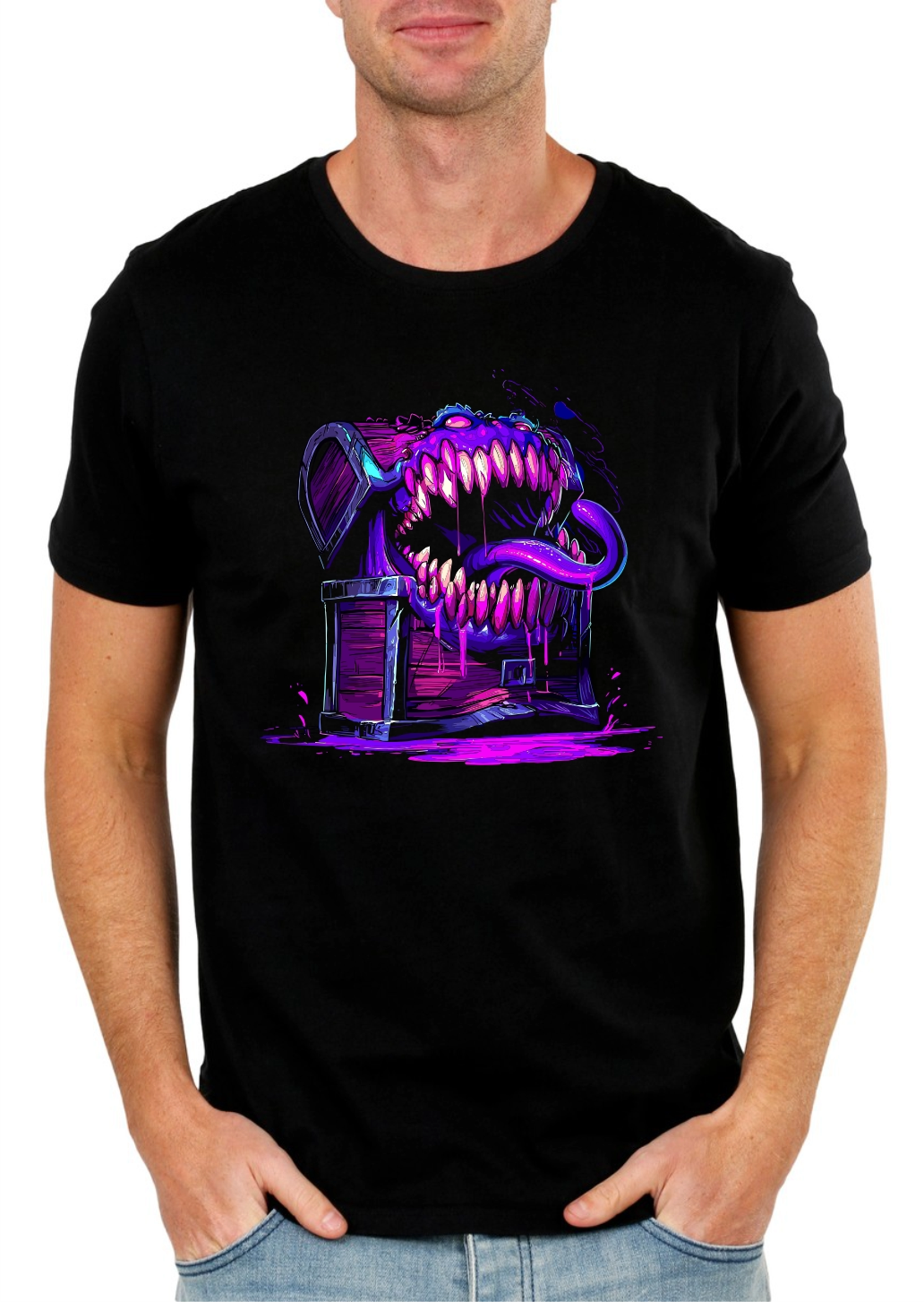 Mimic Chest Horror – Neon Fantasy Graphic Tee