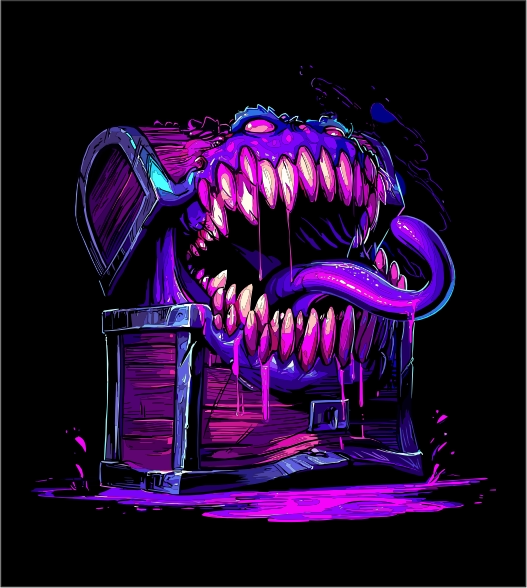 Mimic Chest Horror – Neon Fantasy Graphic Tee