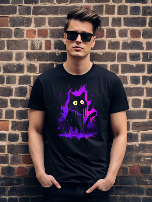 Vibrant Worried Black Cat T-Shirt – Fun Animal Graphic Tee