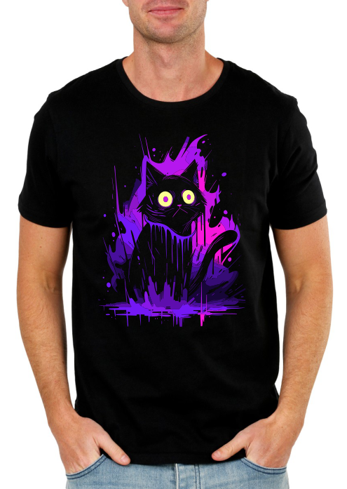 Vibrant Worried Black Cat T-Shirt – Fun Animal Graphic Tee